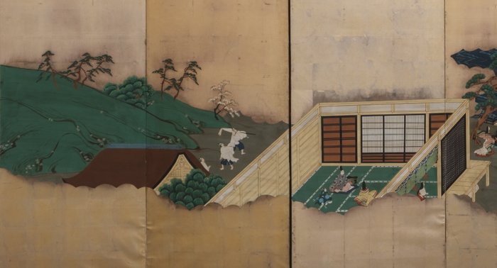 Byôbu 屏風 (foldeskærm) - Papir, lakeret træ, bladguldsølv - Tosa School - Japan - 1800-tallet (sen Edo-periode/tidlig Meiji-periode)