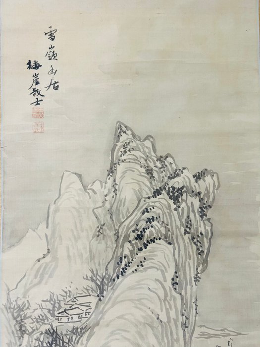 Winter Ink landskabsmaleri - Snow Ridge Retreat - Silke - Signed 梅崖散士 - Japan - Shōwa-periode (1926-1989)