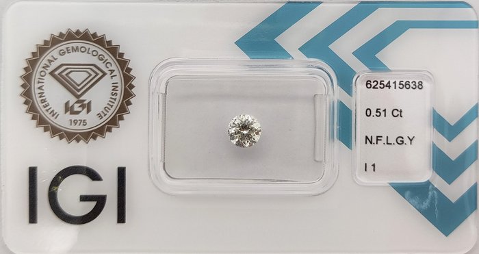 Ingen mindstepris - 1 pcs Diamant  (Naturfarvet)  - 0.51 ct - Rund - Fancy light Grønlig Gul - I1 - International Gemological Institute (IGI)