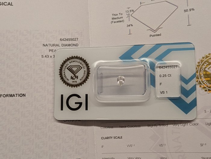 Ingen mindstepris - 1 pcs Diamant  (Natur)  - 025 ct - Pære - F - VS1 - International Gemological Institute (IGI)