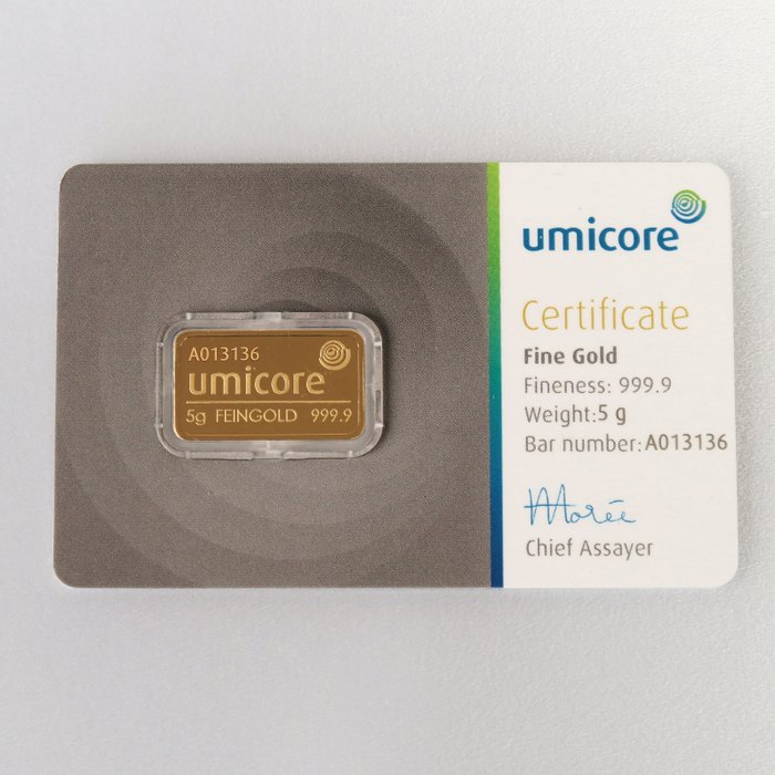 5 gram - Guld 999 - Umicore, Belgium - Forseglet  Med certifikat