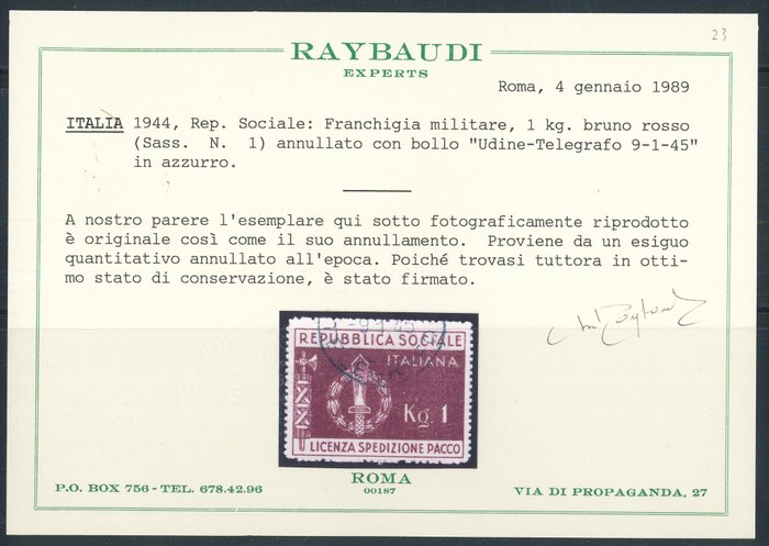 R.S.I. 1944 - Militærtillæg, bilag på 1 kg., n. 1. Raybaudi Cert