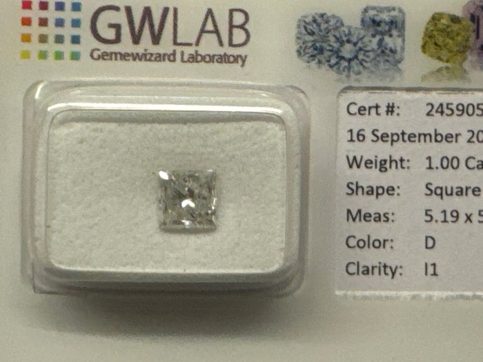 Ingen mindstepris - 1 pcs Diamant  (Natur)  - 1.00 ct - Kvadrat - D (farveløs) - I1 - Gemewizard Gemological Laboratory (GWLab)