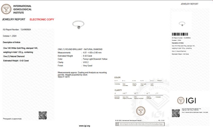 Ingen mindstepris - Ring - 14 karat Hvidguld -  0.42ct. tw. Gul Diamant (Naturfarvet) - VVS - IGI