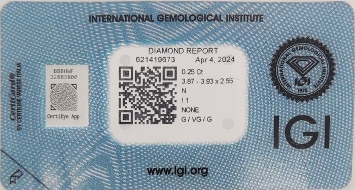 Ingen mindstepris - 1 pcs Diamant  (Natur)  - 0.25 ct - Rund - N (tonet) - I1 - International Gemological Institute (IGI)