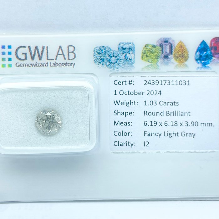 Ingen mindstepris - 1 pcs Diamant  (Naturfarvet)  - 1.03 ct - Rund - Fancy light Grå - I2 - Gemewizard Gemological Laboratory (GWLab)