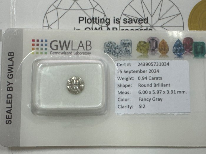 Ingen mindstepris - 1 pcs Diamant  (Naturfarvet)  - 0.94 ct - Rund - Fancy Grå - SI2 - Gemewizard Gemological Laboratory (GWLab)