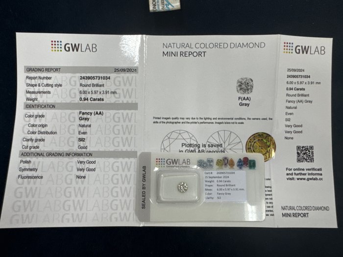 Ingen mindstepris - 1 pcs Diamant  (Naturfarvet)  - 0.94 ct - Rund - Fancy Grå - SI2 - Gemewizard Gemological Laboratory (GWLab)