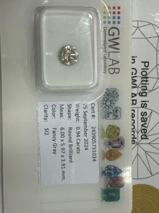 Ingen mindstepris - 1 pcs Diamant  (Naturfarvet)  - 0.94 ct - Rund - Fancy Grå - SI2 - Gemewizard Gemological Laboratory (GWLab)