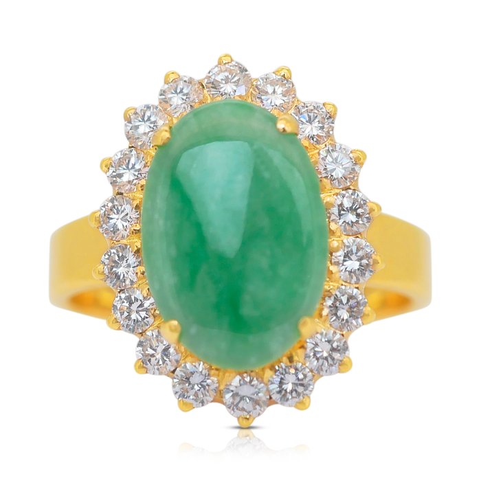 Ring - 21 kt. Gulguld -  3.71ct. tw. Jade - Diamant