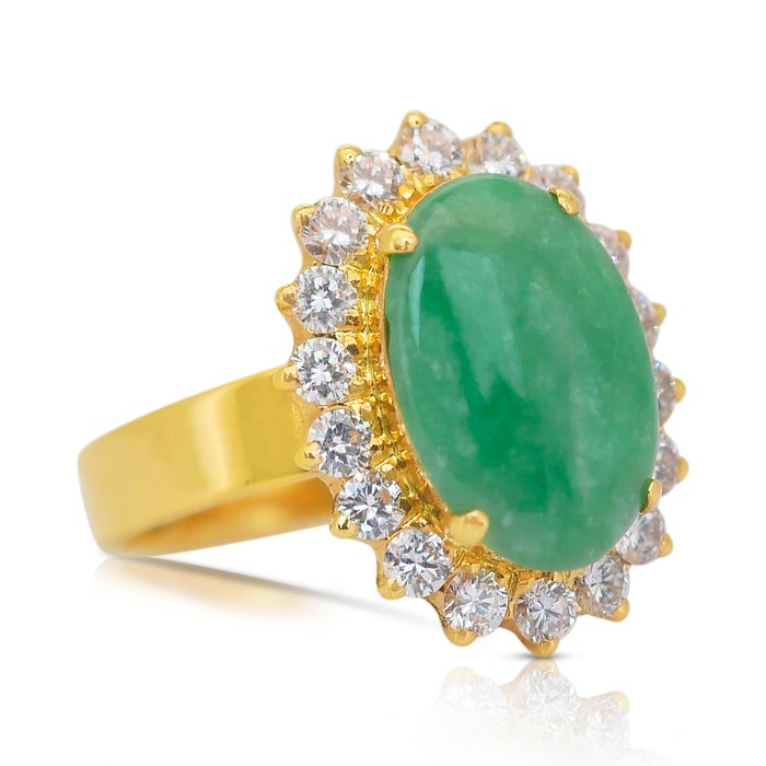 Ring - 21 kt. Gulguld -  3.71ct. tw. Jade - Diamant