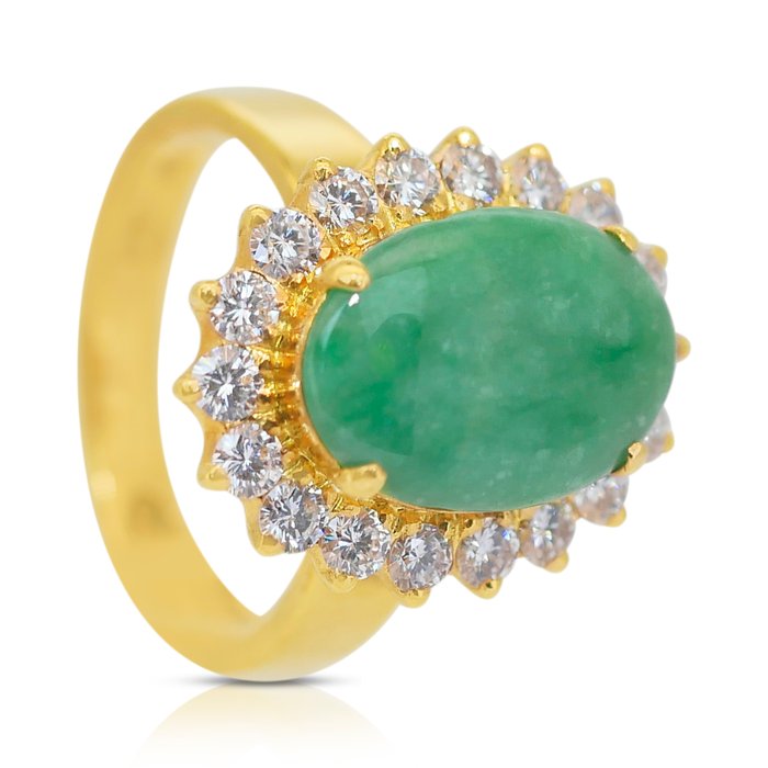 Ring - 21 kt. Gulguld -  3.71ct. tw. Jade - Diamant