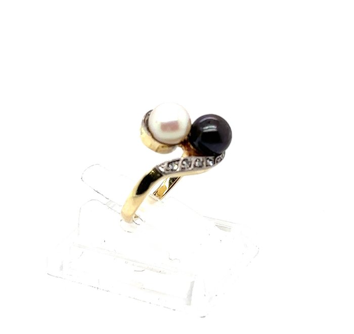 Ring - 14 karat Gulguld, Hvidguld -  0.08ct. tw. Perle - Diamant - Tysk perle diamantring