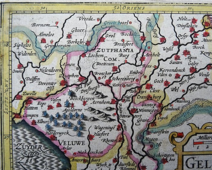 Holland - Gelderland, Arnhem, Nijmegen, Zutphen, Veluwe, Harderwijk, Zwolle....; Bertius / Hondius - Geldria - 1601-1620