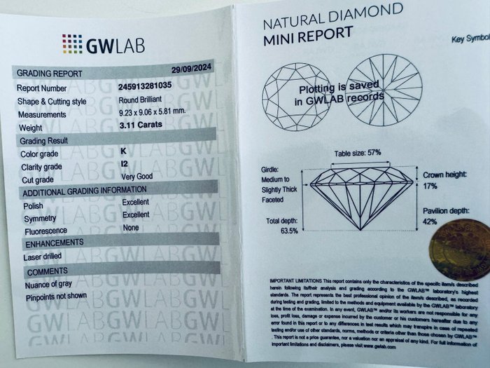 Ingen mindstepris - 1 pcs Diamant  (Natur)  - 3.11 ct - Rund - K - I2 - Gemewizard Gemological Laboratory (GWLab)