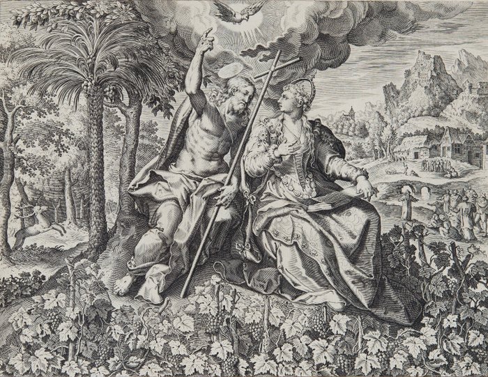 Johann Sadeler (1550-1600) after - Christus en zijn bruid in een wijngaard - Uit Serie Canticum Canticorum nr 4