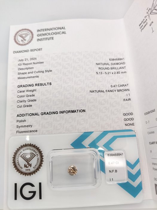 Ingen mindstepris - 1 pcs Diamant  (Naturfarvet)  - 0.47 ct - Rund - Fancy Brun - I1 - International Gemological Institute (IGI)