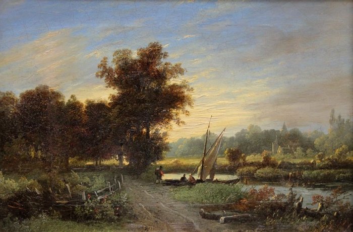 Hollandsk skole (XIX) - River landscape with figures and sailing boat