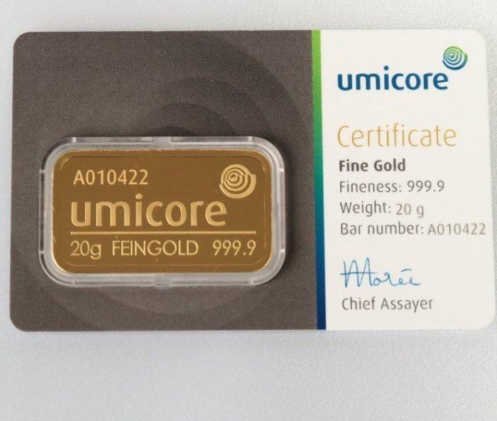 20 gram - Guld 999 - Umicore, Belgium - Forseglet