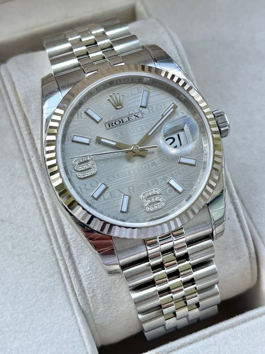 Rolex - Oyster Perpetual Date Just 36 * Rhodium Waves Diamond Dial * White Gold Bezel - Ref 116234 - Unisex - 2014