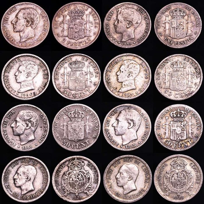 Spanien. Gobierno provisional, Alfonso XII y XIII. Conjunto de 8 monedas de plata de finales del siglo XIX.  (Ingen mindstepris)