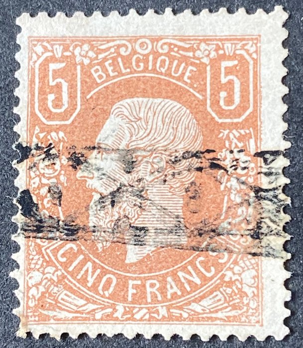 Belgien 1878 - Leopold II 5F Lysebrun med rullestempel - MED GODKENDELSESSTEMPE - OBP/COB 37A