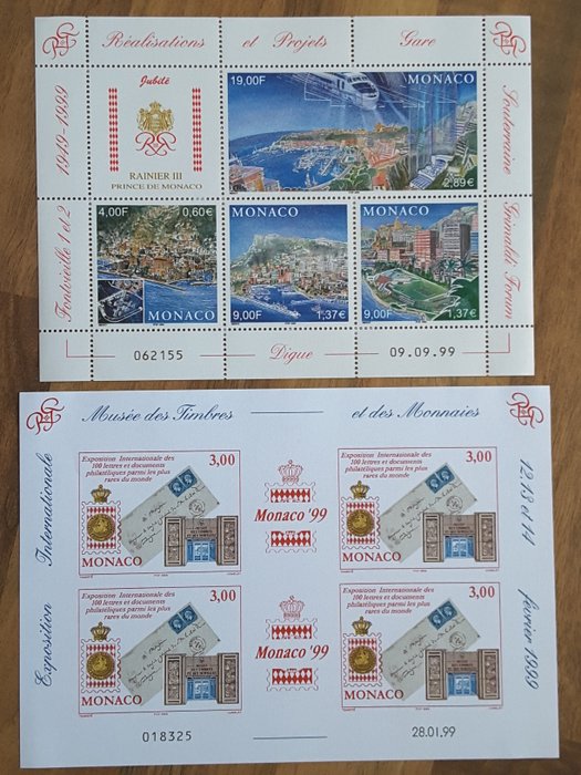 Monaco 1999/2002 - 4 hele år med aktuelle frimærker med souvenirark 81, 85 og 88 - Yvert 2186 à 2381 sans les timbres non émis et BF 81, 85 et 88