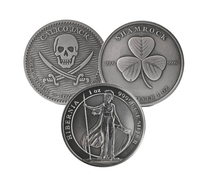 Niue 2 Dollars 2022 Calico Jack - Shamrock - Hibernia - Antique Finish 3x1 Oz (999)