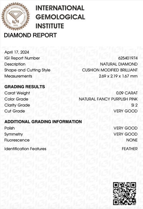 1 pcs Diamant  (Naturfarvet)  - 0.09 ct - Pude - Fancy Lille nuance Lyserød - SI2 - International Gemological Institute (IGI)