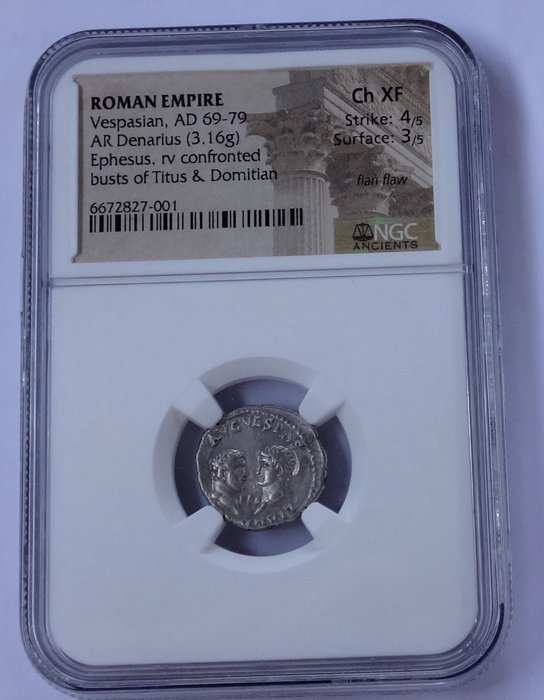 Romarriket. Vespasian with Titus and Domitian as Caesares (69-79). Denarius Ephesus mint. Very rare - NGC "Ch XF" 4/5 - 3/5