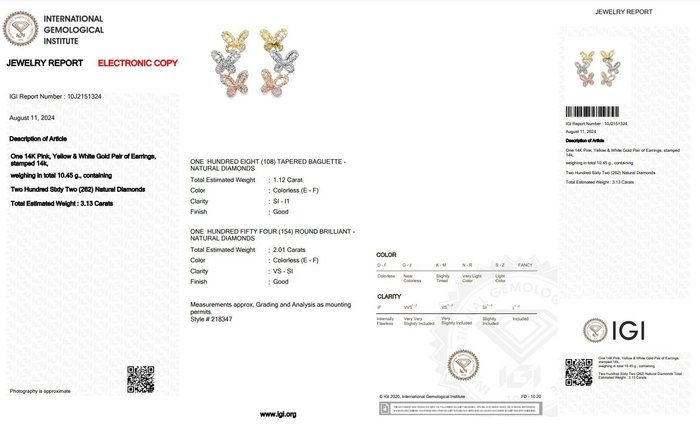 Øreringe - 14 karat Gulguld, Hvidguld, Rosaguld -  3.13ct. tw. Diamant (Natur) - Diamant