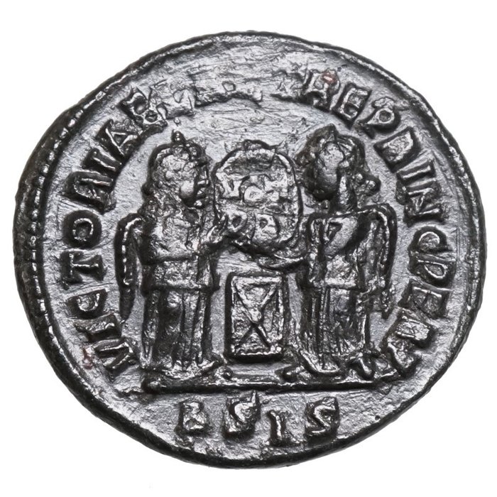 Romarriket. Constantine I (AD 306-337). Follis Siscia, VICTORIAE mit Schild  (Ingen mindstepris)