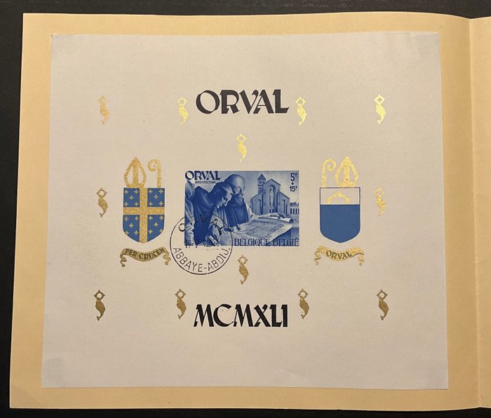 Belgien 1942 - Orval nummer 1942 i præsentationsbundt ORVAL med store blokke - FR "Blocs Orval" med - FR "Blocs Orval" met gelegenheidsstempel ORVAL