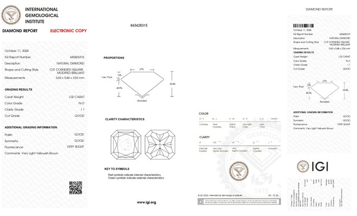 Ingen mindstepris - 1 pcs Diamant  (Natur)  - 1.02 ct - Firkantet med slebne hjørner - N (tonet) - I1 - International Gemological Institute (IGI)