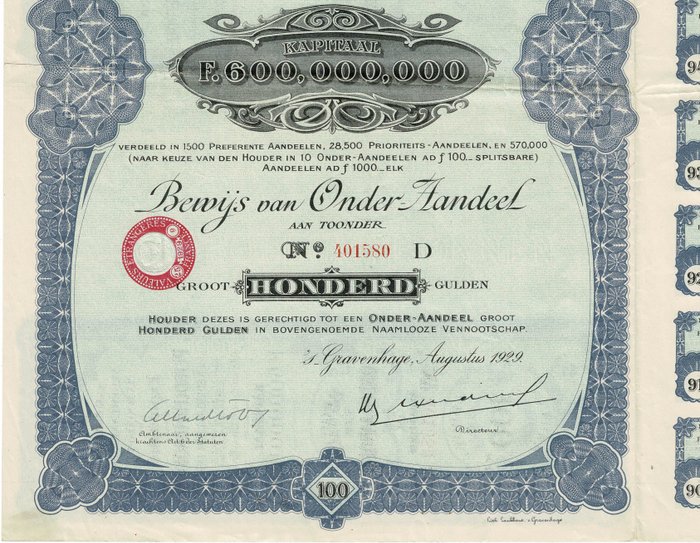 Holland. - 100 Gulden - 1929 - Koninklijke Nederlandsche Maatschappij tot Exploitatie van Petroleumbronnen  (Ingen mindstepris)