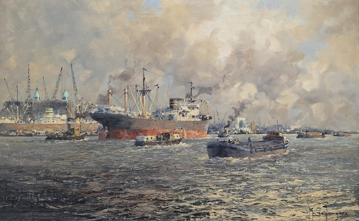 Marinus de Jongere (1912-1977) - Havengezicht Rotterdam, Koninginnenhaven bij de Nieuwe Maas