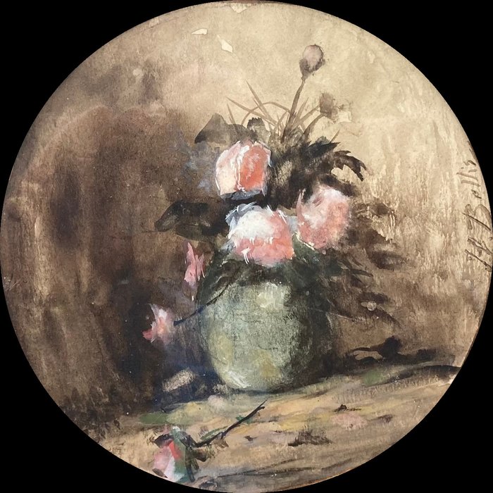 Hubert Bellis (1831-1902) - Stilleven met roze rozen