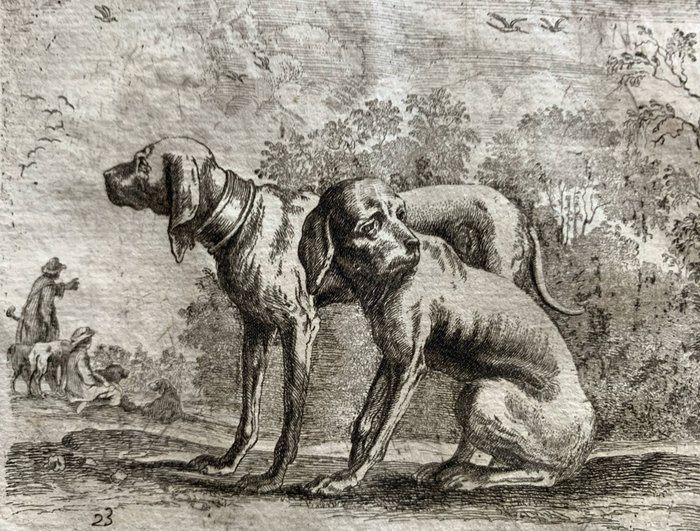 Stefano della Bella (1610 - 1664) by Cornelius Galle I (1576-1650) - Due cani da caccia