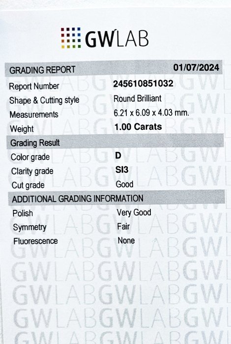 1 pcs Diamant  (Natur)  - 1.00 ct - Rund - D (farveløs) - SI3 - Gemewizard Gemological Laboratory (GWLab)