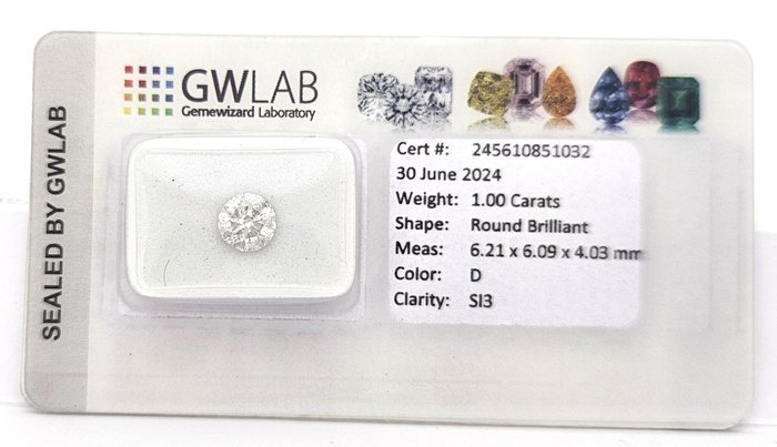 1 pcs Diamant  (Natur)  - 1.00 ct - Rund - D (farveløs) - SI3 - Gemewizard Gemological Laboratory (GWLab)