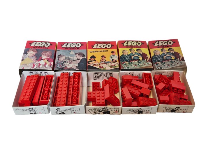 Lego - System - 215, 216. 217, 218, 219 - 5 sets system rode stenen 1958 in topstaat! Zeldzaam! 215, 216. 217, 218, 219 - 1950-1960