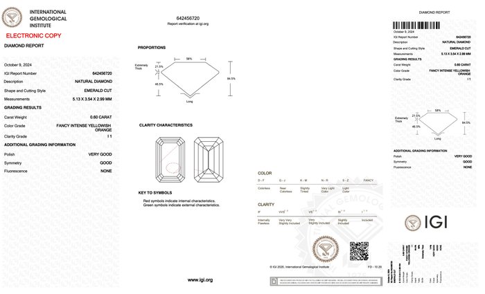 Ingen mindstepris - 1 pcs Diamant  (Naturfarvet)  - 0.60 ct - Smaragd - Fancy intense Gullig Orange - I1 - International Gemological Institute (IGI)