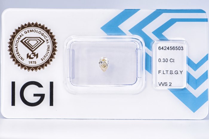 Ingen mindstepris - 1 pcs Diamant  (Naturfarvet)  - 0.30 ct - Pære - Fancy light Brunlig, Grønlig Gul - VVS2 - International Gemological Institute (IGI)