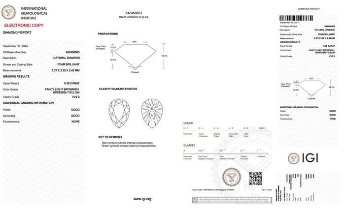 Ingen mindstepris - 1 pcs Diamant  (Naturfarvet)  - 0.30 ct - Pære - Fancy light Brunlig, Grønlig Gul - VVS2 - International Gemological Institute (IGI)