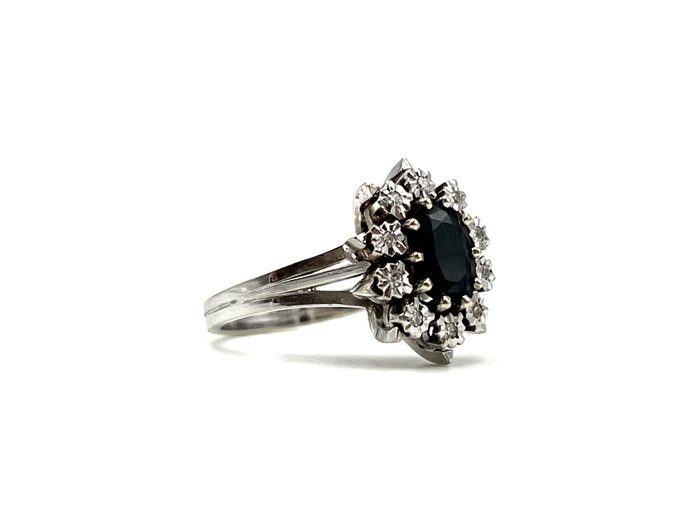 Ring - 18 kraat Hvidguld -  1.00ct. tw. Safir - Diamant