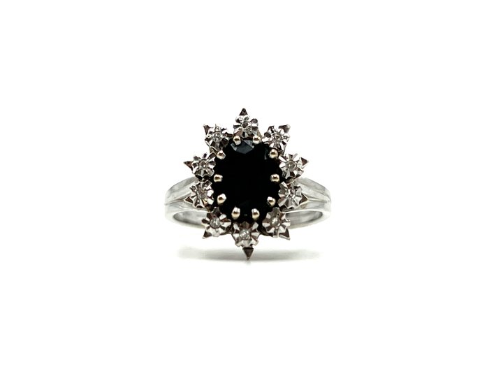 Ring - 18 kraat Hvidguld -  1.00ct. tw. Safir - Diamant