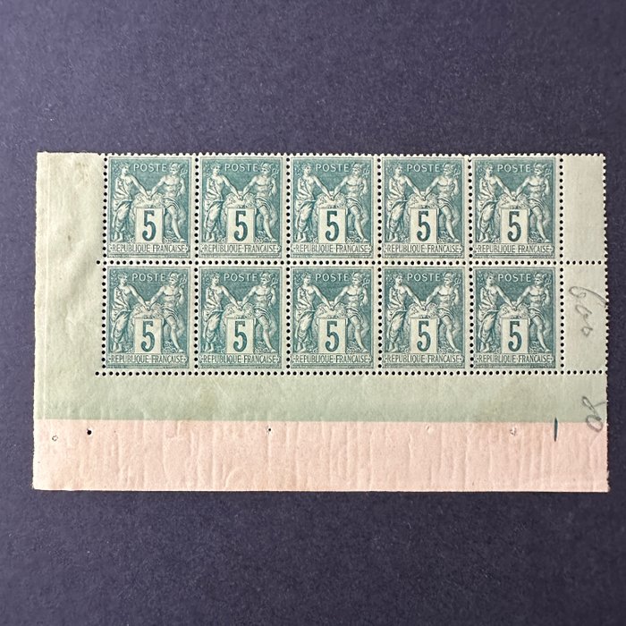 Frankrig  - YT 75 "Sage 5c green type II" blok 10 bladkant NY ** - TB