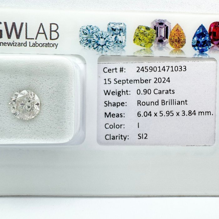 Ingen mindstepris - 1 pcs Diamant  (Natur)  - 0.90 ct - Rund - I - SI2 - Gemewizard Gemological Laboratory (GWLab)