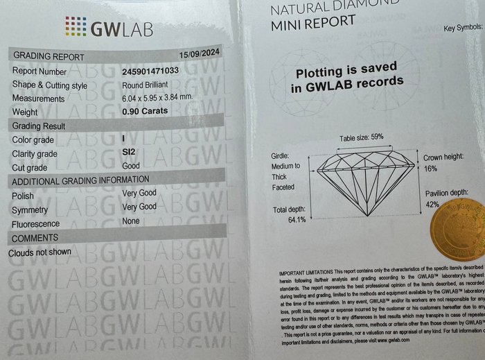 Ingen mindstepris - 1 pcs Diamant  (Natur)  - 0.90 ct - Rund - I - SI2 - Gemewizard Gemological Laboratory (GWLab)