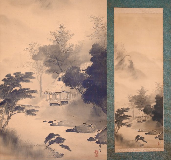 Summer Scenery of Mountain and River - Old House Landscape - Hanging Scroll - “Takahashi Oushin 高橋應真 (1855-1901)” - Japan - Meiji-perioden (1868-1912)  (Ingen mindstepris)